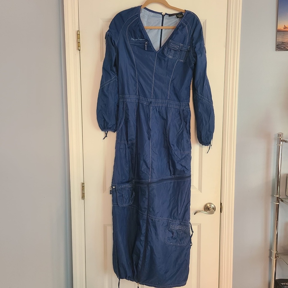 Vintage Y2K Dress M Parachute Maxi Blue Zipper Pocket Vneck Embroidered Cinch - Picture 9 of 9
